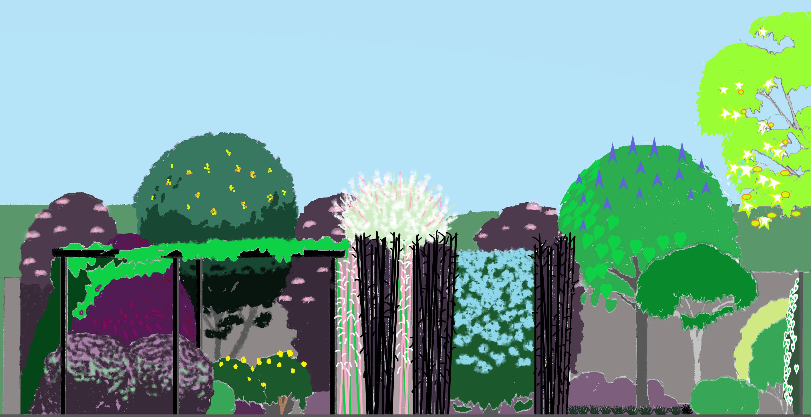 Outlandish and Exotic Style Planting Plan - Themed upon an abstract painting this planting plan evokes a colour-by-numbers aesthetic