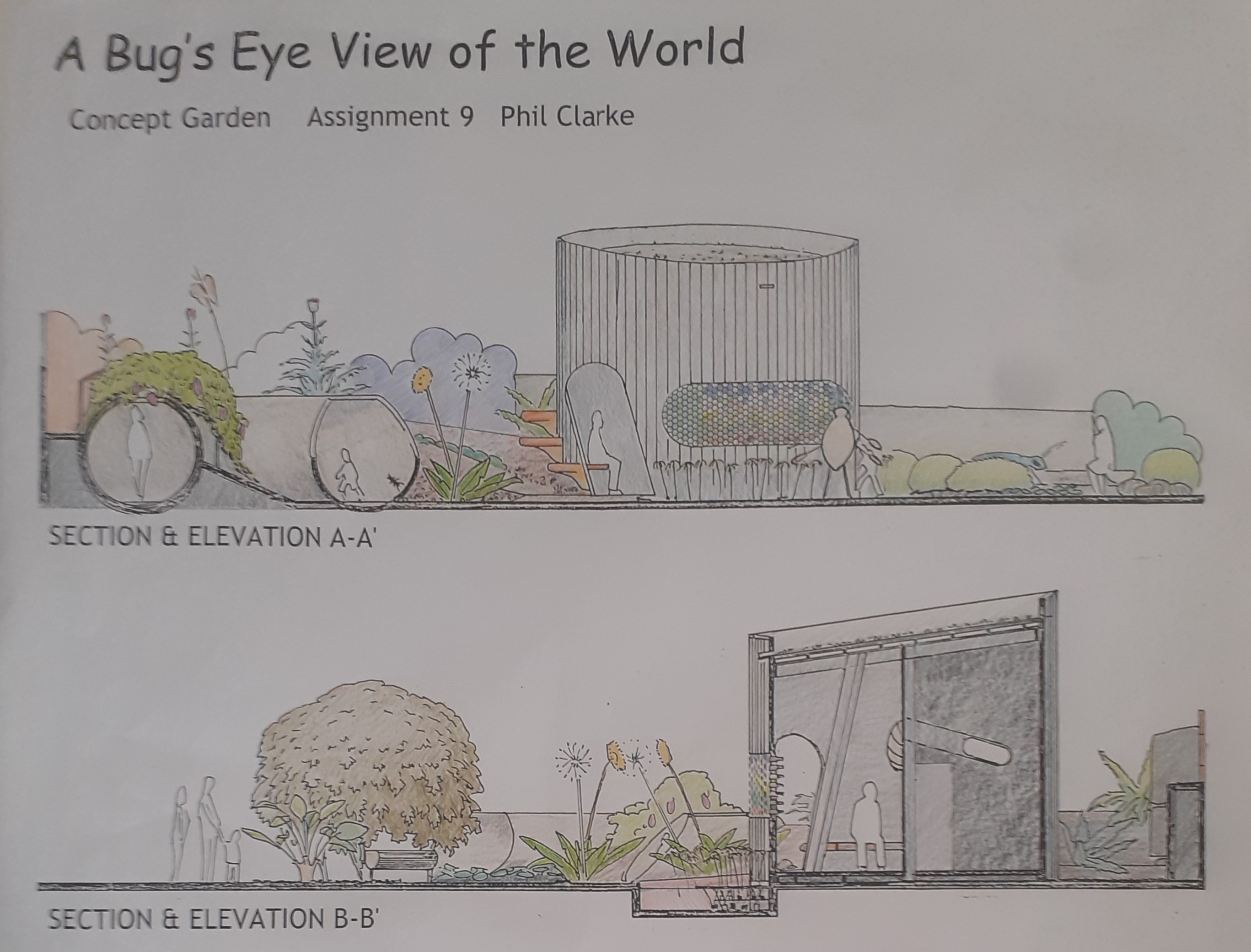 Bug concept garden elevations - Cross-sections showing sculptural installations and worm tunnels